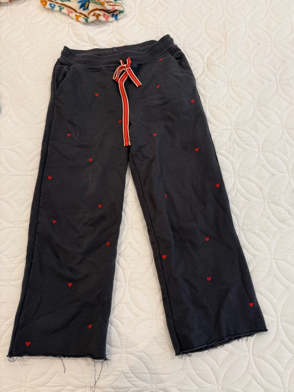 Sundry Black sweatpants with Red Heart Accents and Striped Drawstring